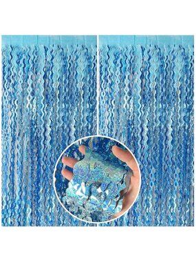 Blue Tinsel Fringe Backdrop Party Streamers Curtain Photo Booth Decor Set